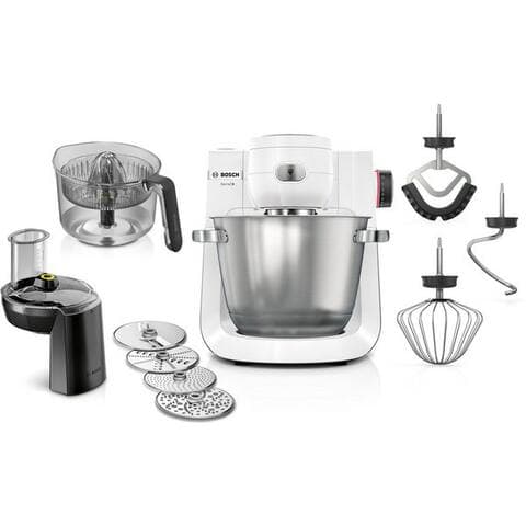 BOSCH robot de cuisine Serie 6 MUMS6EW24D, Durchlaufschnitzler, Edelstahlschüssel, weiß, 1600 W, 5,5 l Schüssel,
