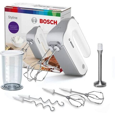 BOSCH Handblender Styline MFQ4075DE, 2x Rührbesen, Knethaken Edelst., Mixfuß, weiß, 550 W, 5 Stufen, Turbotaste,