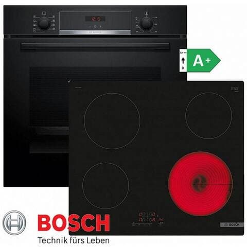 BOSCH Elektro-Herd-Set Bosch Autark Noir four 3D Heißluft +Glaskeramik table de cuisson 60cm, avec