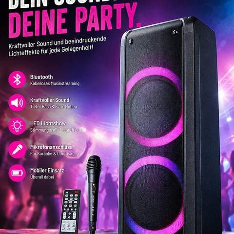 Reflexion Reflexion PS09BT avec rotierenden lumièreeffekten Party-enceinte Stereo (Bluetooth, 500 W, Bluetooth, radio,