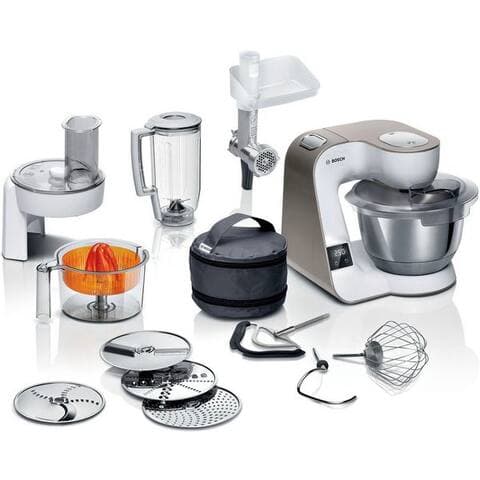 BOSCH robot de cuisine Serie 4 MUM5XW40, integr. Waage, Durchlaufschnitzler, weiß/champagner, 1000 W, 3,9 l