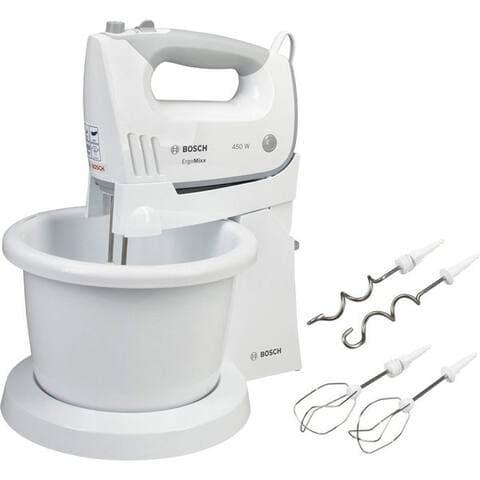 BOSCH Handblender ErgoMixx MFQ36460, Edelst. Besen/Knethaken, Ständer, Schüssel, weiß, 450 W, 5 Stufen, ergon.