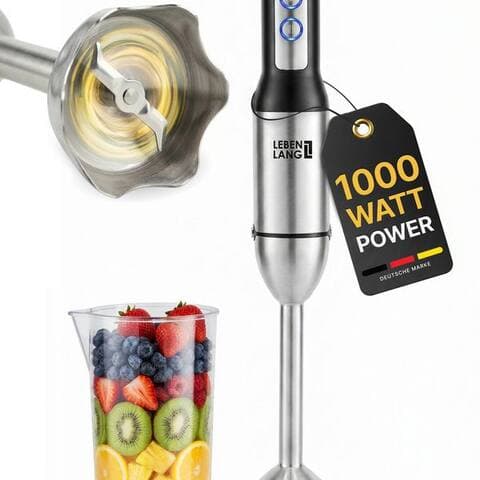 Lebenlang Lebenlang Stabblender Edelstahl Pürierstab, 1000,00 W, 8 Geschwindigkeitsstufen & Turbo-Modus I Edelstahl I