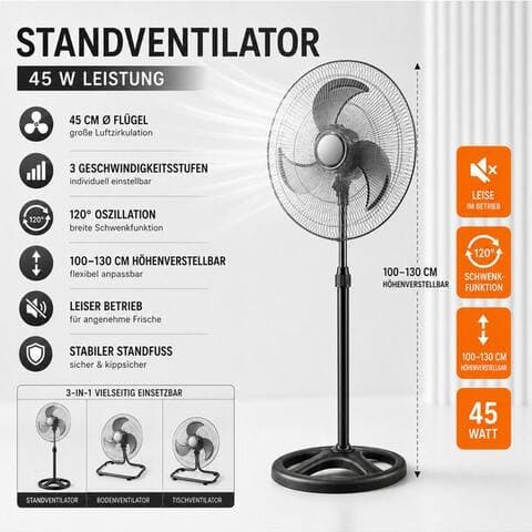 Ertex Ertex Standventilateur BIG Standventilateur 45W ventilateur 46 cm Höhe 130 cm, 3 in 1 STARK