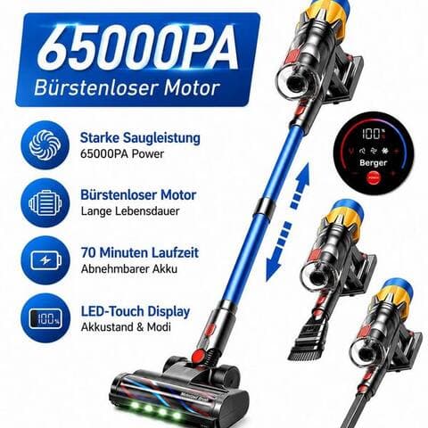 Berger BERGER ELECTRONICS Akku-aspirateur balai Akku aspirateur, aspirateur sans fil, 65000 Pa/600W, 70min Laufzeit,