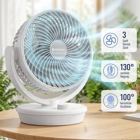 Ateroll ATEROLL Tischventilateur leiser ventilateur,100° Oszillation & 130° Neigung,Luftzirkulator, Umluftventilateur