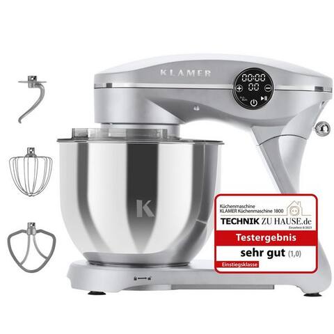 Klamer KLAMER robot de cuisine 1800W, 6L Edelstahl-Schüssel, Knetmaschine avec 10 Geschwindigkeiten & Timer, silber,