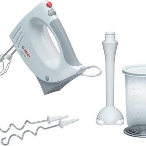 BOSCH Handblender CleverMixx MFQ3540 Edelst. Rührbesen/Knethaken, Mixfuß, weiß/grau, 450 W, Becher, 5 Stufen,