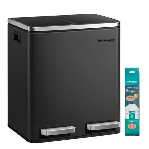 Songmics SONGMICS Mülleimer 2x15L, Außenbehälter aus Stahl, Klappdeckel, Softclose, 15 Müllsäcke, 2 x 15 L, Inneneimer