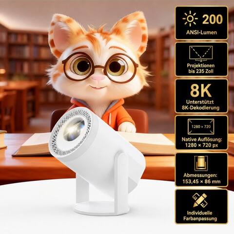 Hs.Supply HS.SUPPLY Projektor avec Android 14, 200 ANSI-Lumen, 180° drehbar Mini-projecteur (200 lm, 1280 × 720 Pixel