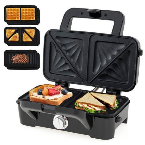 Costway COSTWAY 3-in-1-grill à sandwich, 1200 W, gaufrier, Panini-Presse, 6 Platten