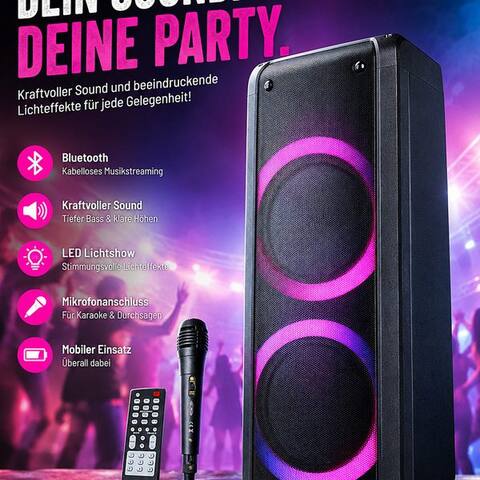 Reflexion Reflexion PS09BT avec rotierenden lumièreeffekten Party-enceinte Stereo (Bluetooth, 500 W, Bluetooth, radio,