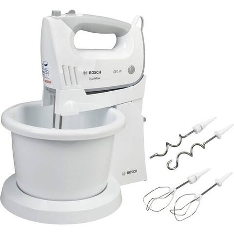 BOSCH Handblender ErgoMixx MFQ36460, Edelst. Besen/Knethaken, Ständer, Schüssel, weiß, 450 W, 5 Stufen, ergon.