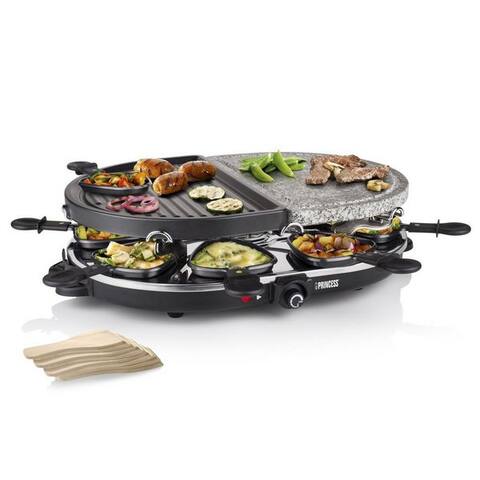 Princess PRINCESS raclette, 8 raclettepfännchen, 1200 W, Gerät 2-8 Personen ovaler Tischgrill Grill & Steinplatte