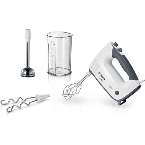 BOSCH Handblender ErgoMixx MFQ37470, Edelst. Rührbesen/Knethaken, 5 Stufen, weiß, 750 W, Turbostufe, Mixfuß,