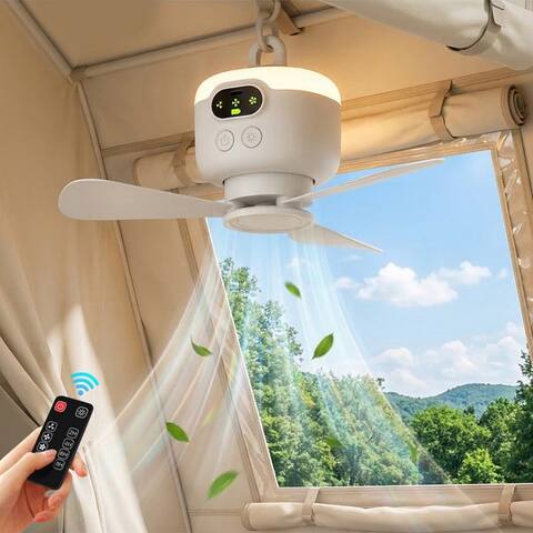 Rosnek Rosnek Deckenventilateur avec Beleuchtung Camping, tragbar, avec Fernbedienung/LED/Haken, Akku, 4 Stufen,