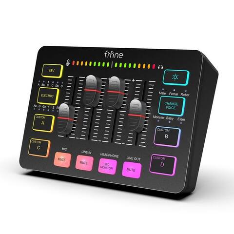 Fifine FIFINE Mischpult Gaming Audio blender, Streaming RGB PC blender avec XLR microphone Interface, individuelle