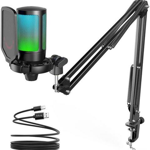 Fifine FIFINE microphone USB microphone Streaming avec Arm Kondensator microphone Set PC Gaming RGB, Stummschalttaste,