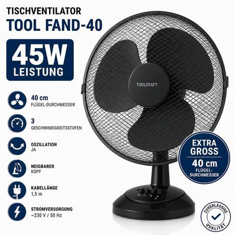 Ertex Ertex Tischventilateur BIG ventilateur colonne Tischventilateur STAND 45W 40cm Durchmesser Noir
