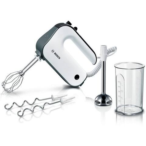 BOSCH Handblender MFQ49700, Edelst. Rührbesen/Knethaken, Spiralkabel, Mixfuß, weiß/grau, 850 W, stärkster Motor, 5
