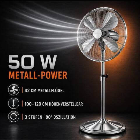 Ertex Ertex Standventilateur EDELSTAHL Stand ventilateur 50W Metro 120cm Höhe ventilateur colonne KRAFT