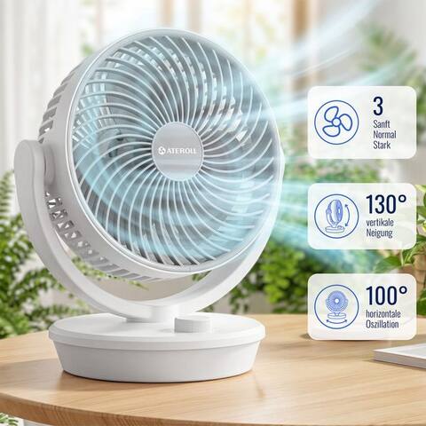 Ateroll ATEROLL Tischventilateur leiser ventilateur,100° Oszillation & 130° Neigung,Luftzirkulator, Umluftventilateur