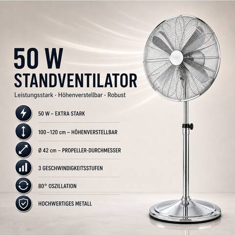 Ertex Ertex Standventilateur EDELSTAHL Stand ventilateur 50W Metro 120cm Höhe ventilateur colonne Kühler
