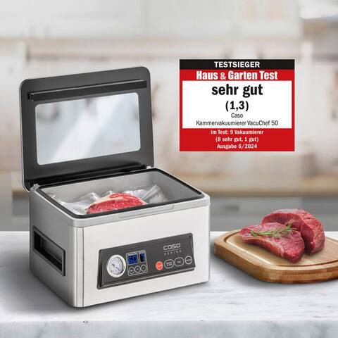 Caso Caso sous-vide VacuChef 50, 300W, Doppelte Schweißnaht, Manometer, 4-Kolben‐Vakuumpumpe