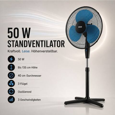 Ertex Ertex Standventilateur ventilateur Standventilateur Turm 50W, 40 cm, Höhe 135 cm, BLACK BLUE